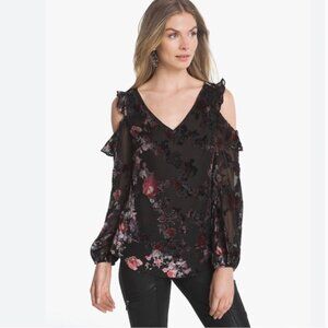 WHBM Black Red Burnout Velvet Floral Chiffon Ruffle Cold Shoulder Blouse Size 8